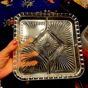 Crystal Serving Plate 5 Sections Imbedded Starburst relief on Bottom 9” Sq